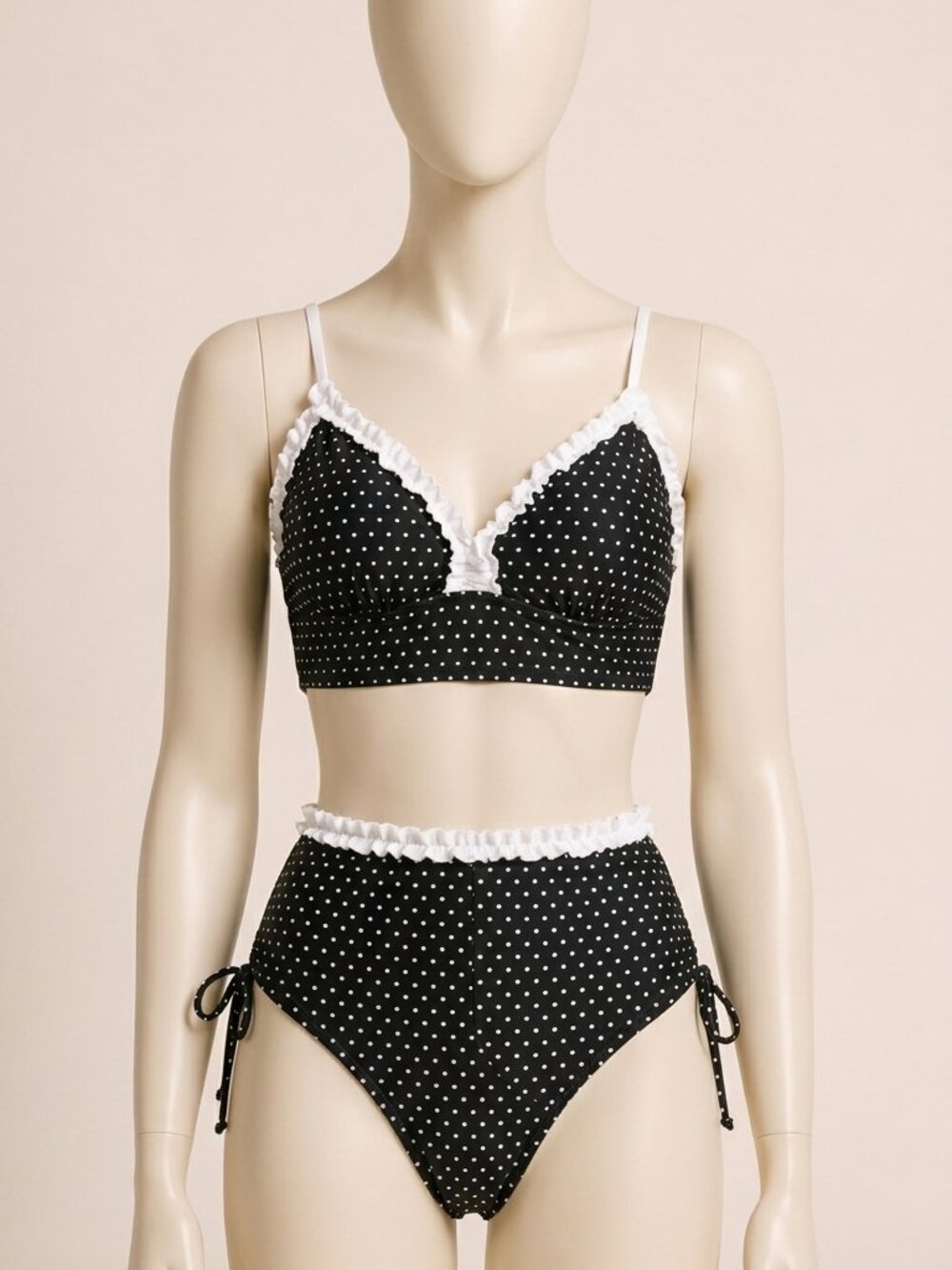 Aleumdr High Waist Bikini Set Black Dots Size L Ruffle Two Piece Swimsuit